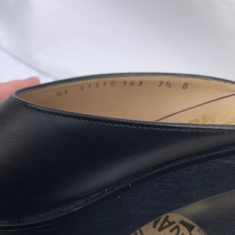 Ferragamo Wood & Leather Platform Peep Toe Slide/Mule w/3” Heel, Black - Picture 9 of 16